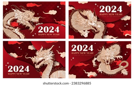 Set of 4 red luxury web banner with hand drawn papercut Chinese Dragon for 2024 Lunar New year. Layered Christmas greeting cards in paper art style with asian clouds, stars, dragon scales