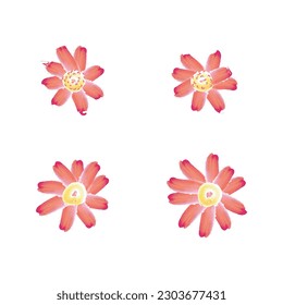 Set of 4 red and pink Watercolor flower illustration icons, simple beautiful composition of decorative elements, isolated on grey background, hand drawing.