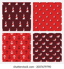 Set of 4 red seamless patterns with nautical elements