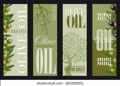 Set of 4 refined labels for olive oil with different typographical research and shades of olive green.
