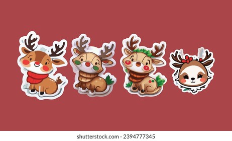 Conjunto de 4 pegatinas vectoriales de venado de la reina, christmas de rienda de ciervos, pegatinas de navidad