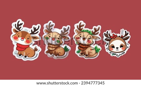 Set of 4 Rein Deer vector Stickers, christmas rein deer illustrations, christmas stickers