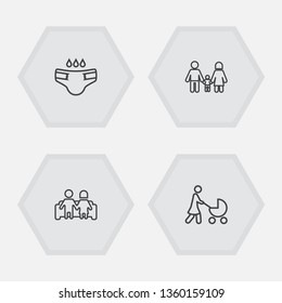 Set of 4 relatives icons line style set. Collection of nappy, perambulator, relatives and other elements.