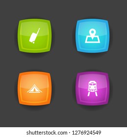 Set of 4 relax icons set. Collection of luggage, tent, train and other elements.