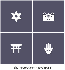 set of 4 religion elements such as Judaism, Synagogue and Shinto icon