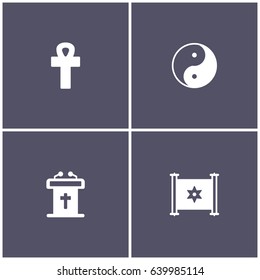 set of 4 religion elements such as cross, tribune, yin yang and torah icon