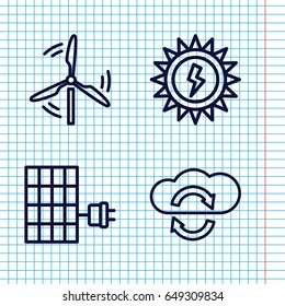 Set of 4 renewable outline icons such as mill, solar panel, sun battery