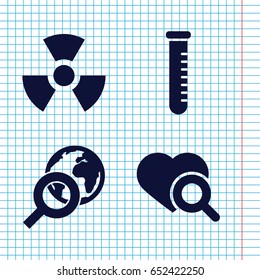 Set of 4 research filled icons such as heart search, test tube, radiation