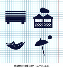 Set of 4 rest filled icons such as woman in hammock, pergola, umbrella