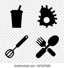 Set of 4 restaurant filled icons such as fork and spoon, corolla, extinct sea creature