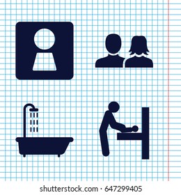 Set of 4 restroom filled icons such as woman wc, baby changing room, shower