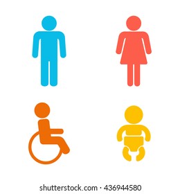 Set Of 4 Restroom Web And Mobile Icons. Man, Woman, Child, Disability. Vector Illustration Isolated On White