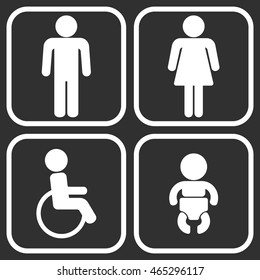Set of 4 restroom web and mobile icons. Man, woman, child, disability. Vector illustration isolated on white
