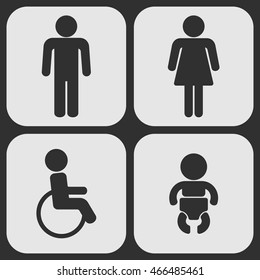 Set of 4 restroom web and mobile icons. Man, woman, child, disability. Vector illustration