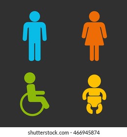Set of 4 restroom web and mobile icons. Man, woman, child, disability. Vector illustration