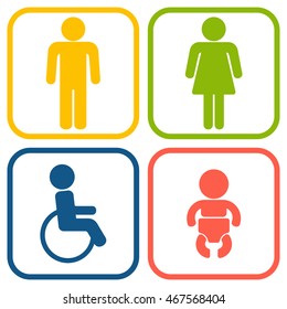 Set of 4 restroom web and mobile icons. Man, woman, child, disability. Vector illustration