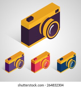 Set of 4 retro camera in different color variations. Photo theme. Isometric style. Vector set.