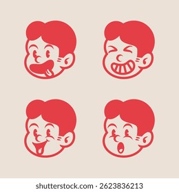 Set of 4 retro cartoon boy face expressions in bold red style. Vintage comic character icons with happy, silly, calm, and surprised emotions. Perfect for branding or sticker use