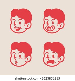 Set of 4 retro cartoon boy face expressions in bold red style. Vintage comic character icons with happy, silly, calm, and surprised emotions. Perfect for branding or sticker use