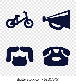 set of 4 retro filled icons such as child bicycle, desk phone, man hairstyle