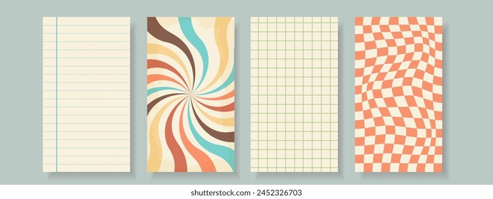 Conjunto de 4 carteles retro groovy en estilo hippie de los años 70. Coloridos diseños de patrones geométricos. Fondos de circo vintage de Vector.