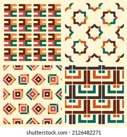 Set of 4 retro mid-century modern style seamless patterns. Vector geometric wallpapers. Vintage designs.