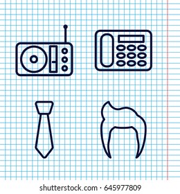 Set of 4 retro outline icons such as man hairstyle, desk phone, radio