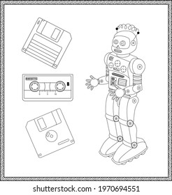 Set of 4 retro technology elements. Robot, cassette, floppy disk (both sides). Coloring book page. Clipart. Isolated vector elements.