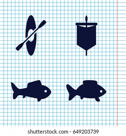 Set of 4 river filled icons such as fish, rowing