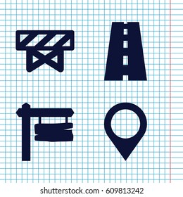 Set of 4 road filled icons such as barrier, direction board, road