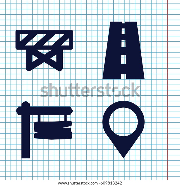 Set of 4 road filled icons such as barrier,\
direction board, road
