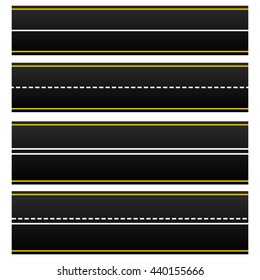 Set of 4 road, highway, roadway shapes. Dashed and straight lines isolating lanes. Empty roads. Vector illustration.