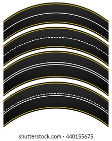 Set of 4 road, highway, roadway shapes. Dashed and straight lines isolating lanes. Empty roads. Vector illustration.
