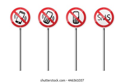 Set of 4 road signs, isolated on white background. No phones and sms. EPS10 vector illustration.