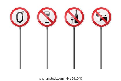 Set of 4 road signs, isolated on white background. No alcohol. EPS10 vector illustration.