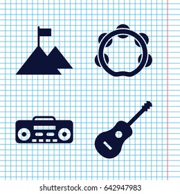 Set of 4 rock filled icons such as record player, guitar, tambourine