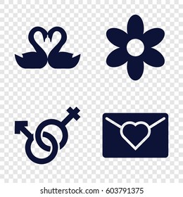 Set of 4 romance filled icons such as flower, swan heart, male and female