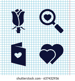 Set of 4 romance filled icons such as rose, heart search, love letter