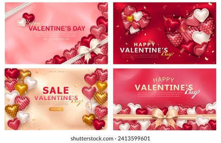 Conjunto de 4 pancartas románticas o adorables tarjetas de felicitación con corazones 3d brillantes, globos, tiras de confeti y un realista arco de seda sobre fondo borroso. Feliz invitación de San Valentín. ¡Sé mi San Valentín!
