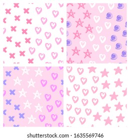 Set of 4 romantic pink pastel colored doodle seamless patterns with hearts, stars, etc. Cute vector wallpapers for wrapping paper, invitation cards, linens, etc.	