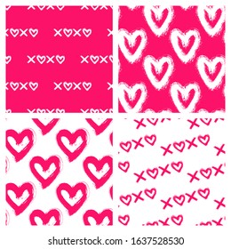 Set of 4 romantic Valentine's day seamless patterns with hearts. Cute vector wallpapers for wrapping paper, invitation cards, linens, etc.	