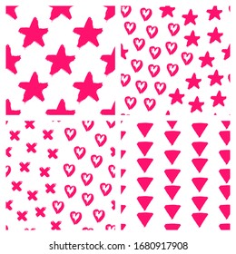 Set of 4 romantic, Valentine's Day, bridal seamless patterns with stars, hearts, triangles, crosses. Cute vector wallpapers for wrapping paper, invitation cards, linens, etc. 