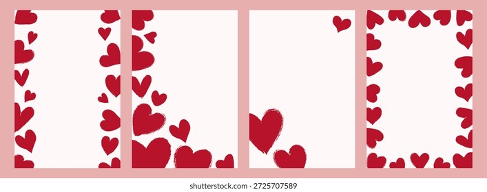 Set 4 fondos de Vertical romántica para el día de San Valentín. Corazones de textura grunge. Ilustración vectorial plana. Diseño universal para la tarjeta, cartel, invitación, cubierta, etiqueta.