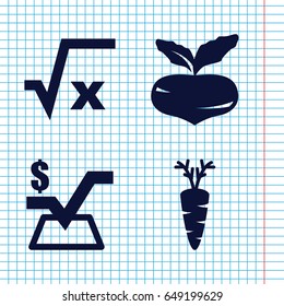 Set of 4 root filled icons such as beet, mathematical square, carrot