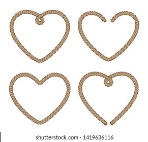 Set of 4 rope heart brown frames. Monochrome vector illustration