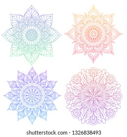 Set of 4 round gradient mandala on white isolated background. Vector hipster mandala in green, red, blue, violet and pink colors. Mandala with floral patterns. Yoga template. - Vector