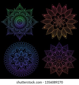 Set of 4 Round gradient mandala on Black isolated background. Vector boho mandala in pink colors. Mandala with floral patterns. Vector Illustrations