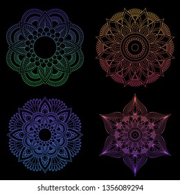 Set of 4 Round gradient mandala on Black isolated background. Vector boho mandala in pink colors. Mandala with floral patterns. Vector Illustrations