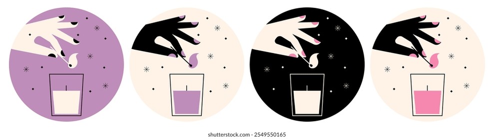 Um conjunto de 4 decoração interior casa redonda, relaxamento e aromaterapia com temas ilustrados. Vela de iluminação de mão em frasco de vidro. Coleção de adesivos de velas de queima de aroma. Ilustração vetorial plana abstrata