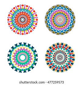 Set of 4 round ornaments in the style of mandalas. Ornament color card. Mexican style.